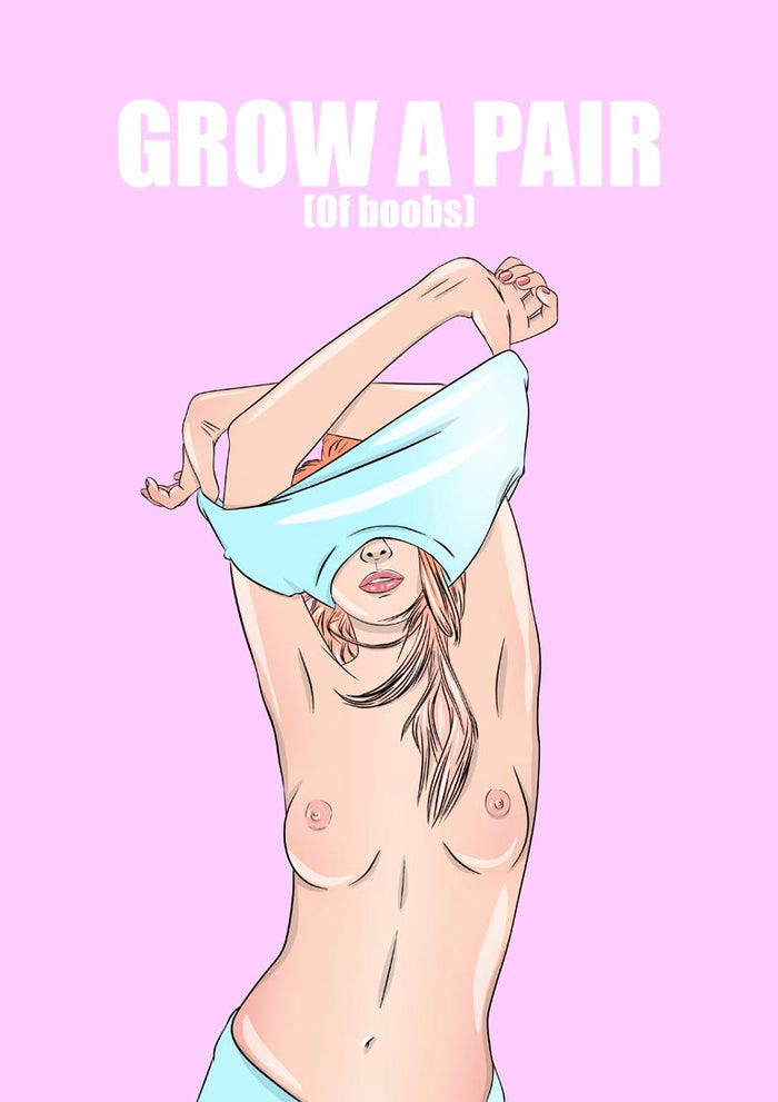 Grow a Pair of Boobs poster by Lisen Vennesland with a line drawn figure and bold white type on a pink background