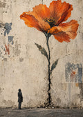 Growing Through Concrete by Matthews Gallerie - a giant orange flower growing from a crack in a concrete wall above a small figure looking up