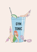 Gym Tonic poster by Lisen Vennesland with a giant blue drink glass and retro aerobics figures