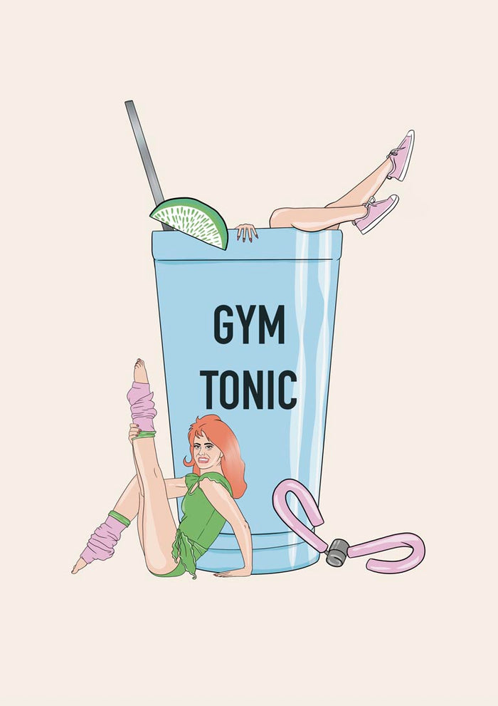 Gym Tonic poster by Lisen Vennesland with a giant blue drink glass and retro aerobics figures