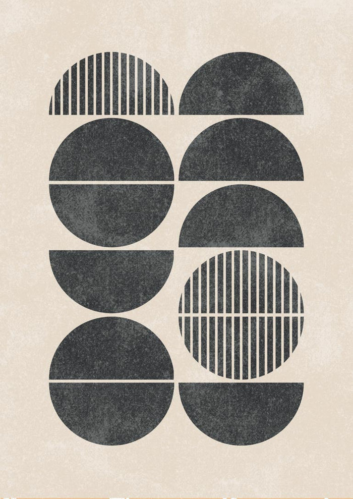 Abstract art print with black half circles and stripes on a light background, featured as the Half Circles Plakat.