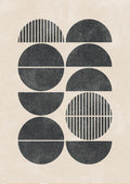 Abstract art print with black half circles and stripes on a light background, featured as the Half Circles Plakat.