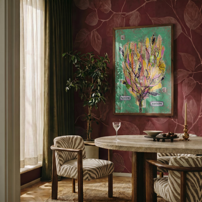 Healing Nature by Enikő Marosváry-Kramcsák framed on a deep red patterned wall