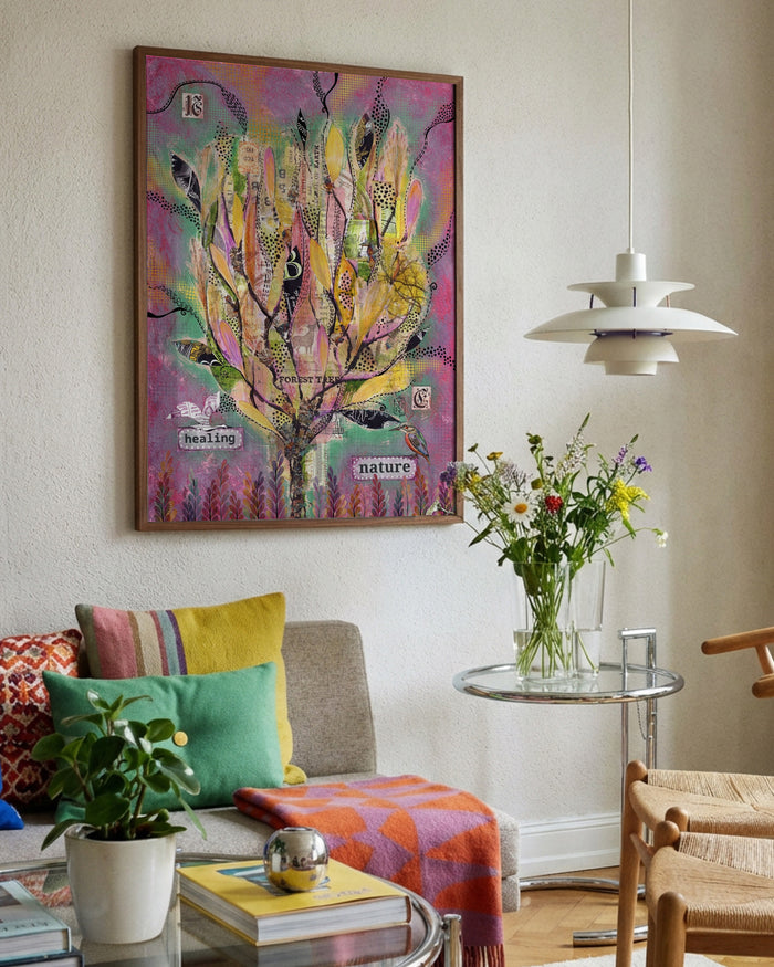Healing Nature Pink by Enikő Marosváry-Kramcsák framed in a bright living room