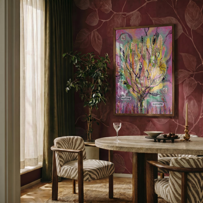 Healing Nature Pink by Enikő Marosváry-Kramcsák framed on a deep red patterned wall