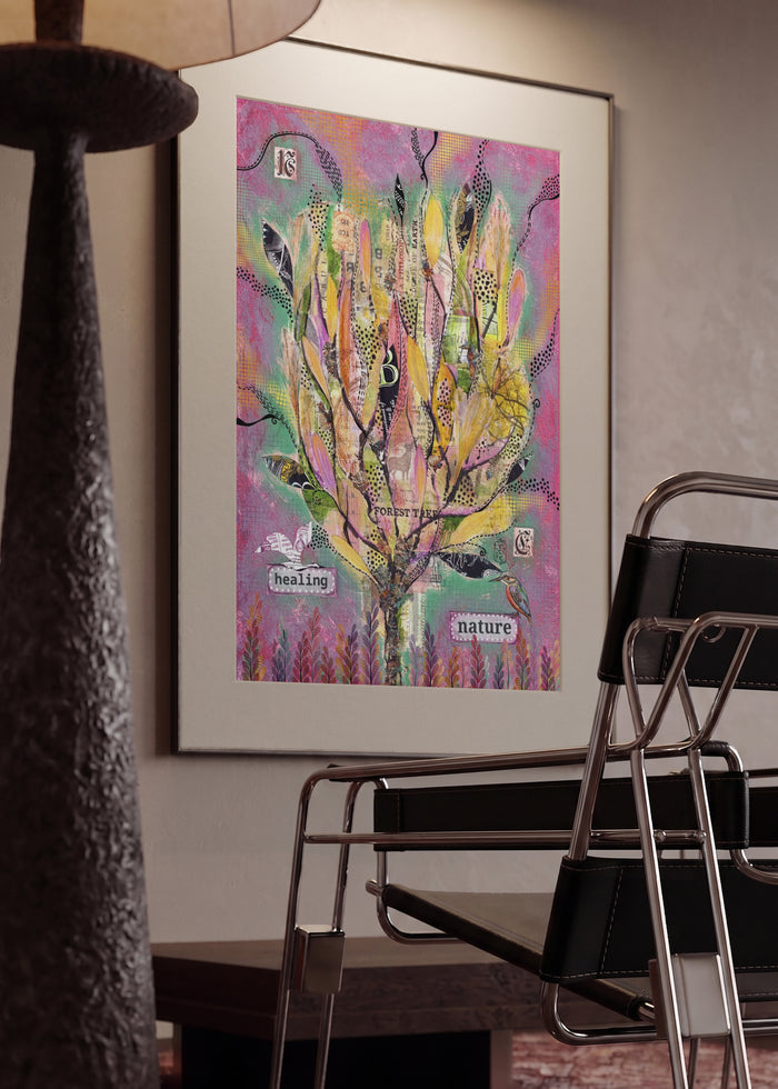 Healing Nature Pink by Enikő Marosváry-Kramcsák in a mounted frame in a modern interior