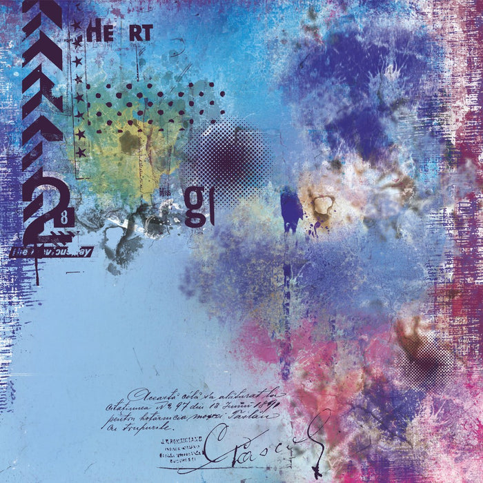 Heart 28 by Dada - sky blue clouded with violet and magenta blooms under black chevrons and old script