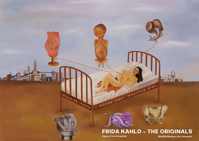 Frida Kahlo lies in a hospital bed, surrounded by surreal symbols and a Detroit industrial landscape.