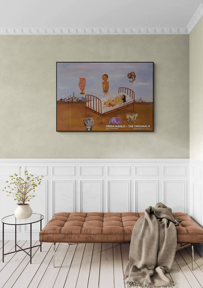 Frida Kahlo's "Henry Ford Hospital" artwork framed and hung above a bench in a modern living room.