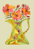 Hibiscus by Marjorie Salvagni - coral hibiscus flowers above a green and gold pitcher
