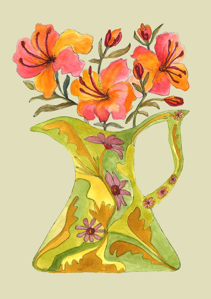 Hibiscus by Marjorie Salvagni - coral hibiscus flowers above a green and gold pitcher