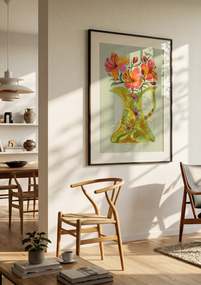 Hibiscus by Marjorie Salvagni in a black frame in a bright dining room with wooden chairs