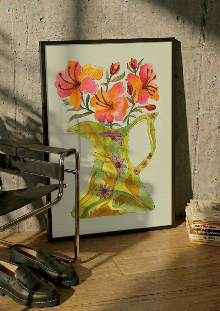 Hibiscus by Marjorie Salvagni in a black frame leaning against a concrete wall by a steel chair