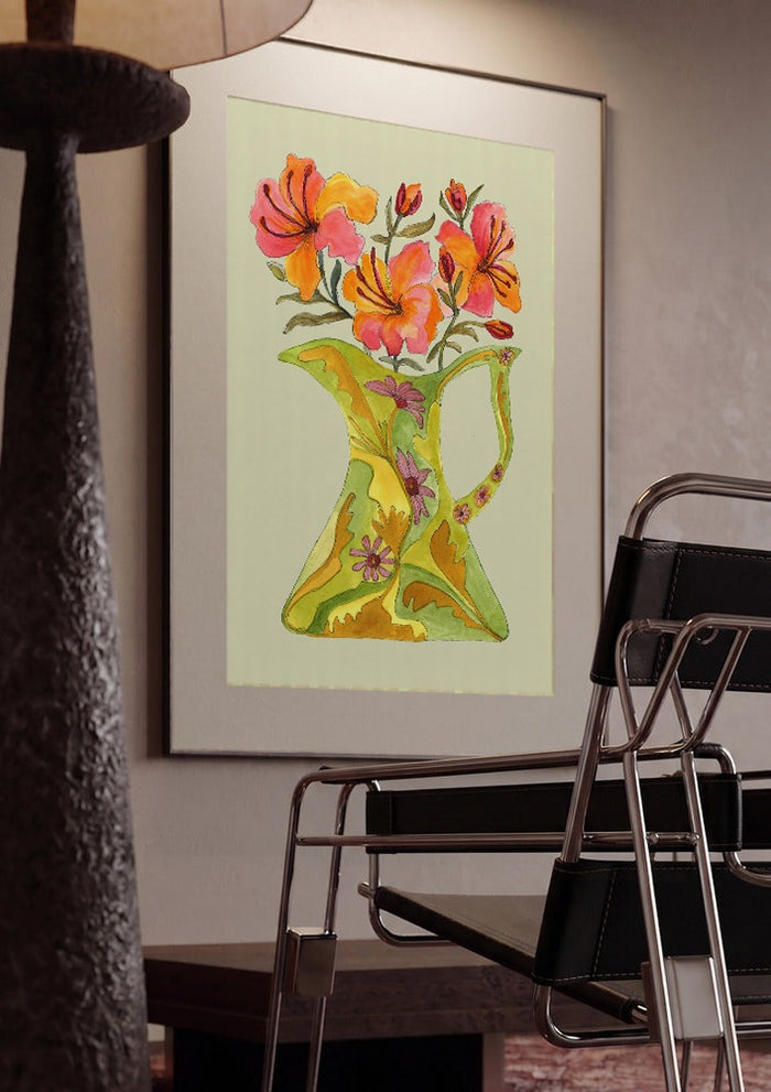 Hibiscus by Marjorie Salvagni framed in a dim room beside a tubular steel chair