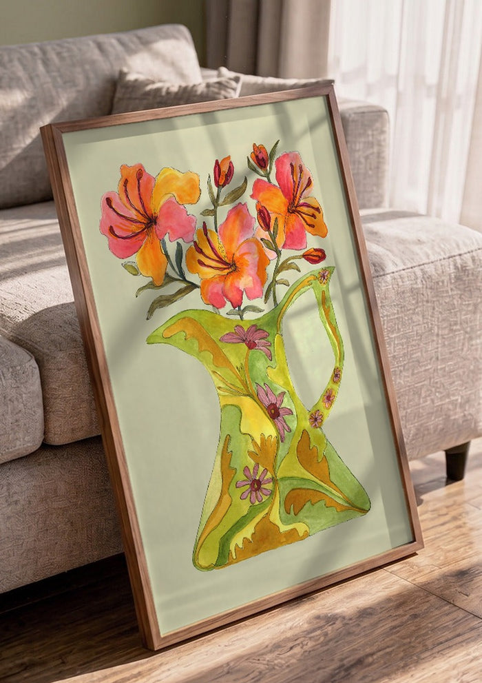 Hibiscus by Marjorie Salvagni in a walnut frame leaning against a grey sofa