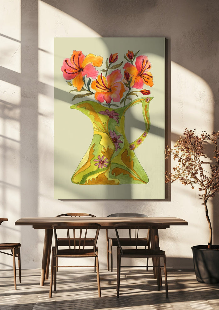 Hibiscus by Marjorie Salvagni hanging above a wooden dining table in warm sunlight