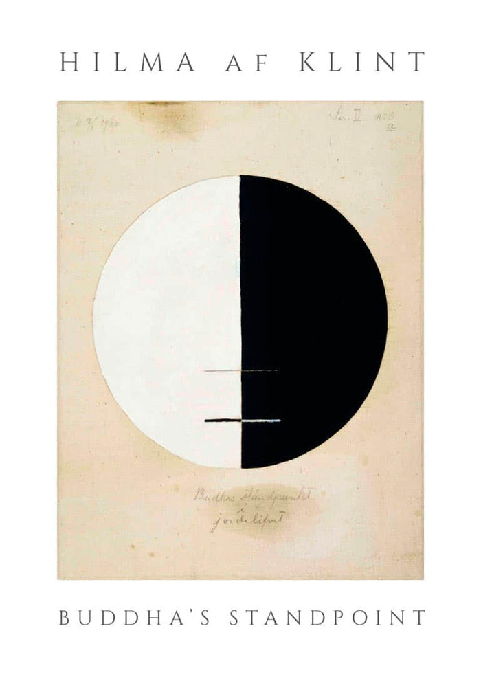 Poster of Hilma af Klint's "Buddha's Standpoint" featuring a black and white divided circle on beige background.