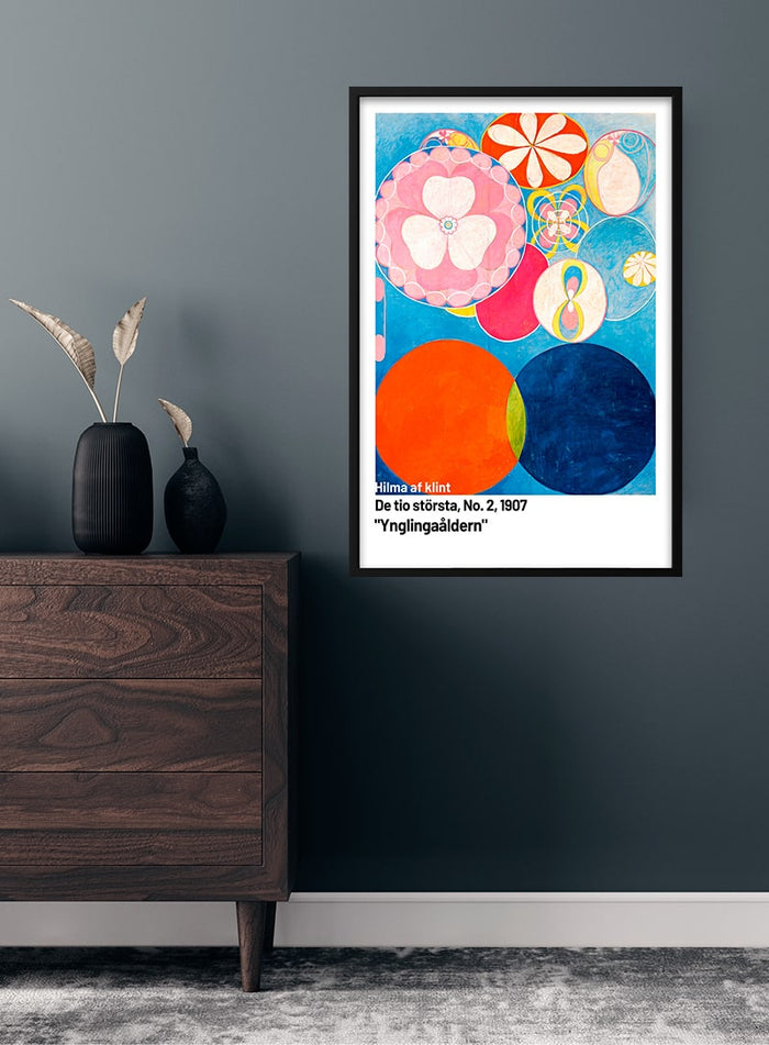 Framed "De ti största nr. 2" poster by Hilma af Klint hanging on a wall above a wooden dresser.