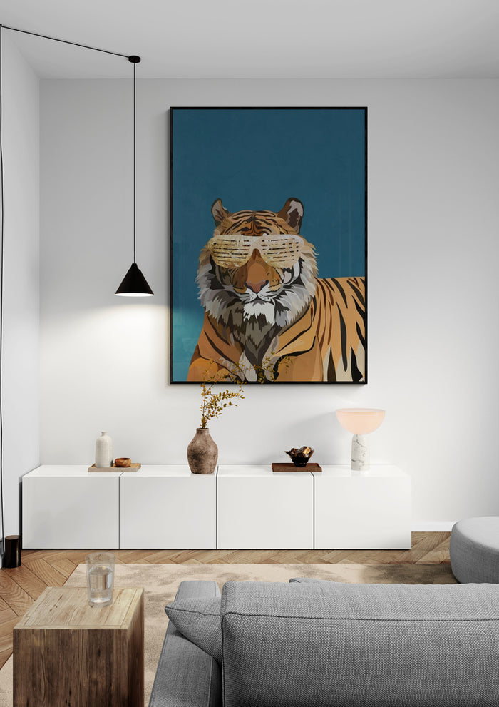 Framed "Hip Hop Tiger" art by Sarah Manovski displayed above a modern white sideboard in a living room.