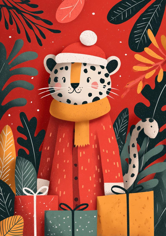 Festive cheetah in a Santa hat and scarf, surrounded by gifts and holiday foliage on a red background.