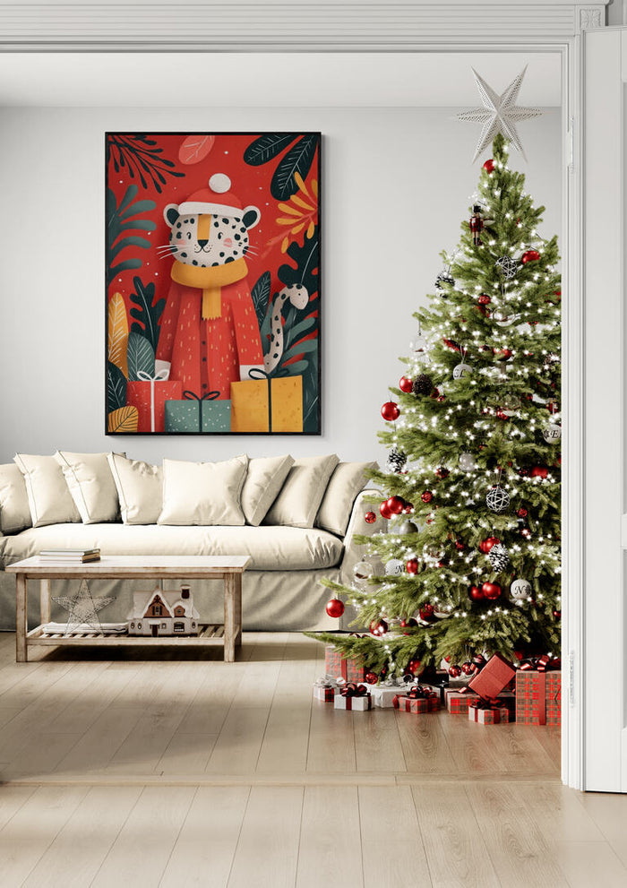 Cozy living room with Christmas tree, wrapped gifts, and festive wall art. Perfect holiday home decor.