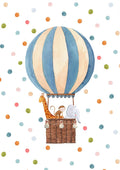 Whimsical hot air balloon with a giraffe, monkey, and elephant in the basket against a polka dot background.