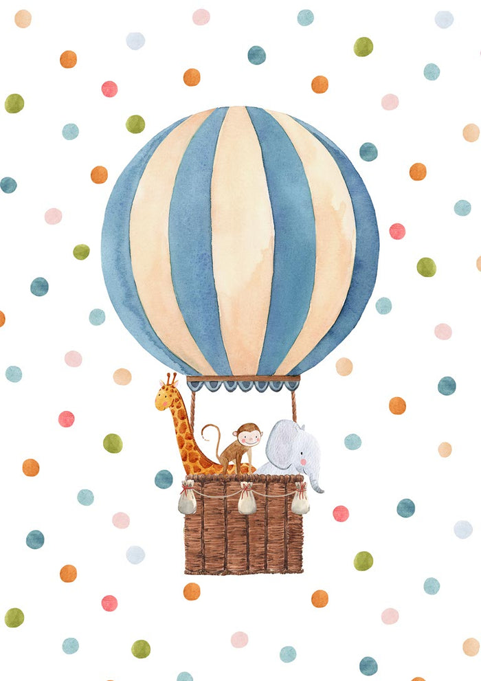 Whimsical hot air balloon with a giraffe, monkey, and elephant in the basket against a polka dot background.