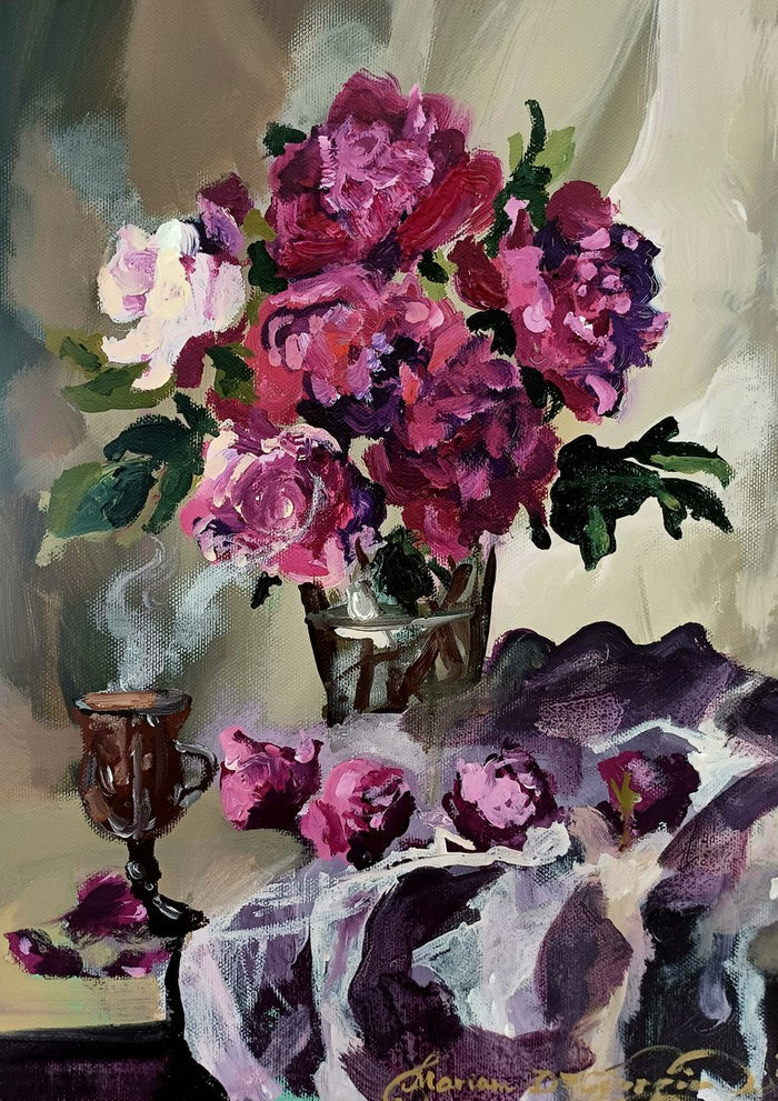 Hot chocolate and magenta peonies by Mariam De Giorgio - magenta peonies in a glass vase beside a steaming cup of hot chocolate