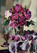 Hot chocolate and magenta peonies by Mariam De Giorgio - magenta peonies in a glass vase beside a steaming cup of hot chocolate