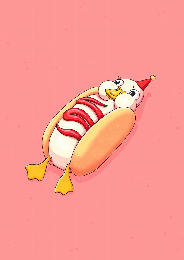 Cartoon of a duck dressed as a hot dog with ketchup, wearing a red hat, on a pink background.