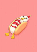 Cartoon of a duck dressed as a hot dog with ketchup, wearing a red hat, on a pink background.