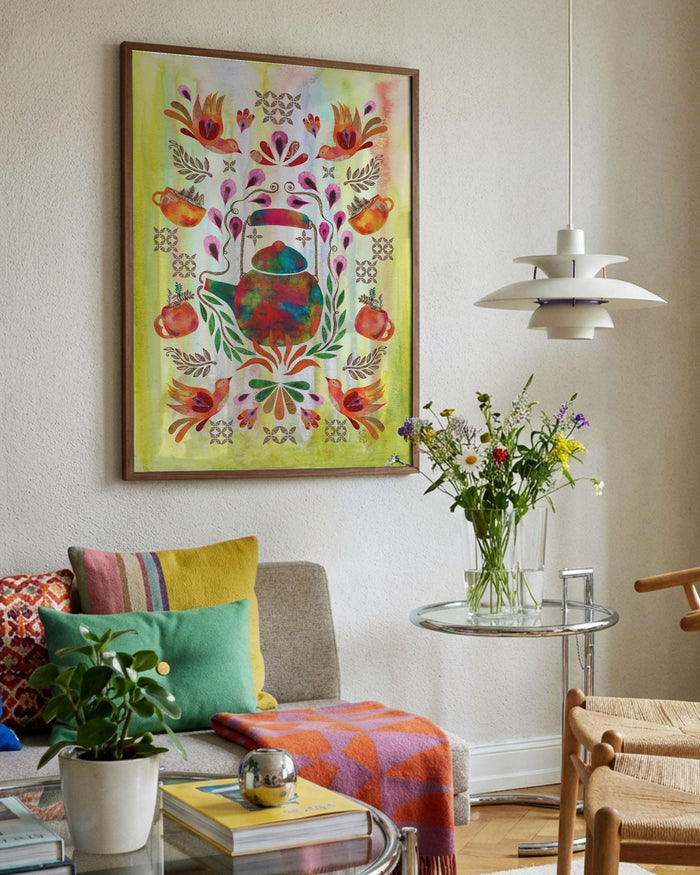 Hygge Tea Time by Enikő Marosváry-Kramcsák framed in a bright living room