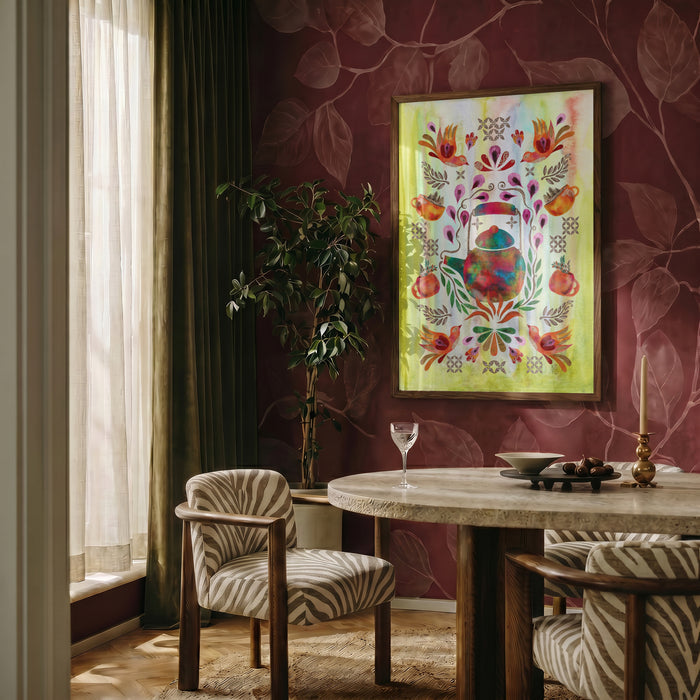 Hygge Tea Time by Enikő Marosváry-Kramcsák framed on a deep red patterned wall
