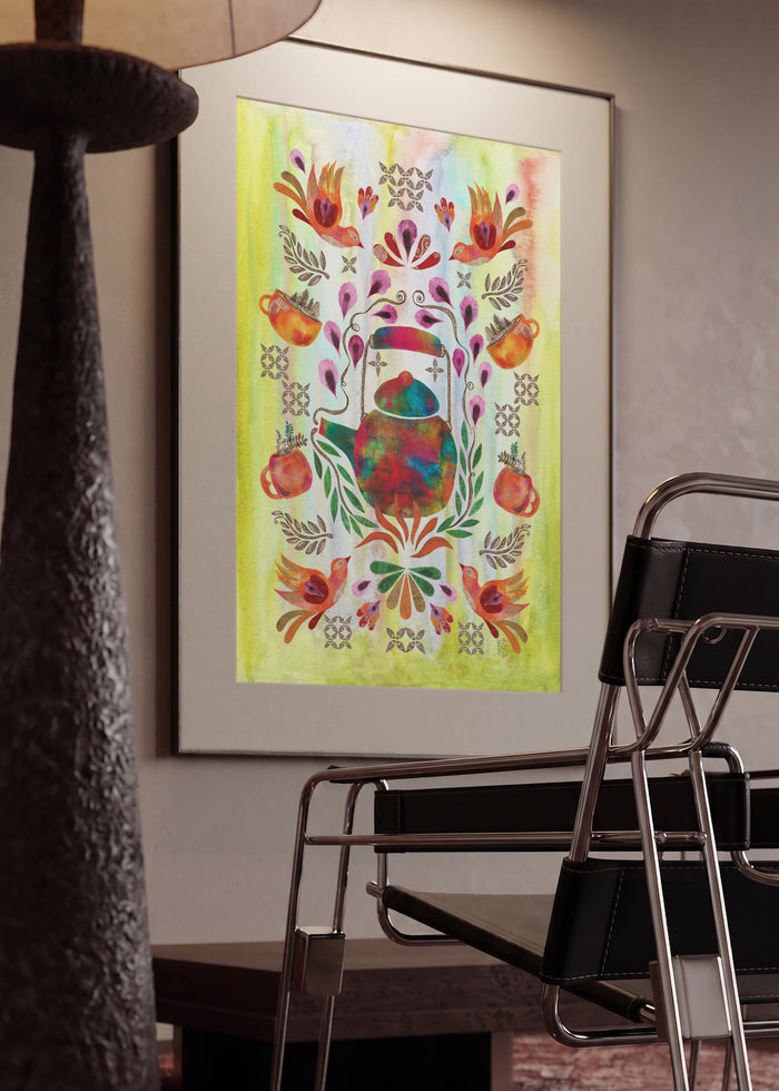 Hygge Tea Time by Enikő Marosváry-Kramcsák in a mounted frame in a modern interior