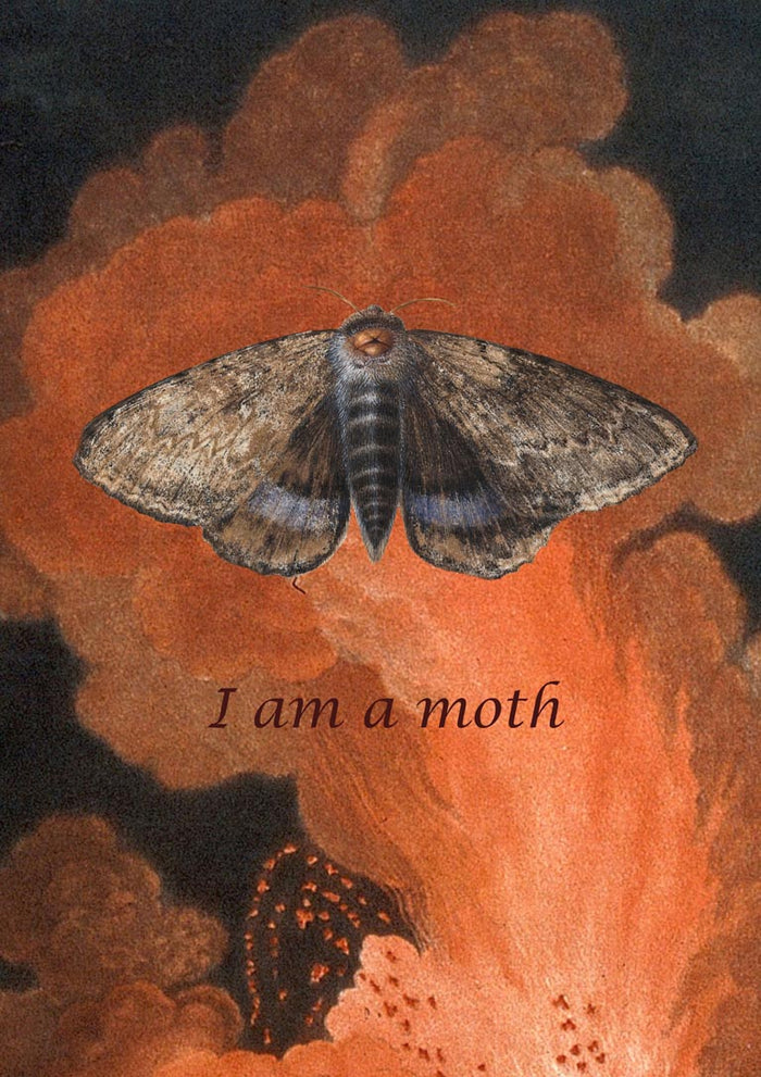Dark surrealist poster of an engraved moth with spread wings against billowing orange smoke, captioned I am a moth.