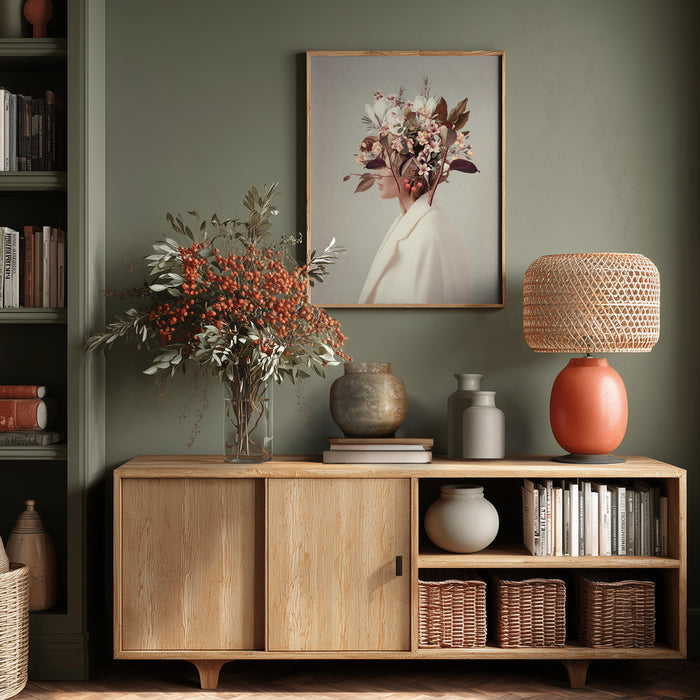 Framed "I Fell In Love With Fall Because of You" artwork by Frank Moth displayed above a stylish wooden console.