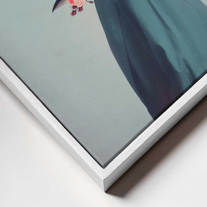 Close-up of "I Was Hidden but You Saw Me" by Frank Moth, showing framed canvas with teal fabric detail.