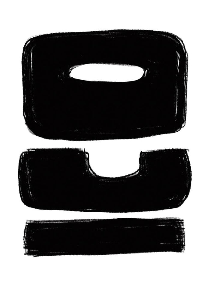 Abstract black shapes on white background, featured as the design for ICO Unique Plakat product page.