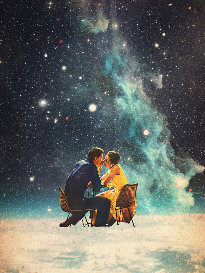 A couple sits at a table under a starry sky in the artwork "I'll Take You To the Stars for a Second Date."