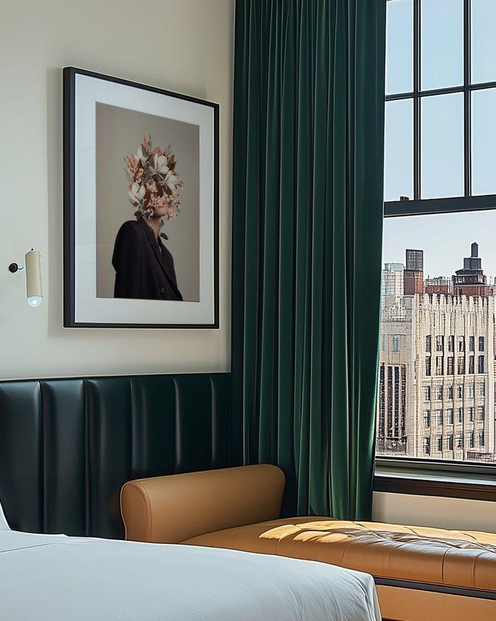 Framed Infinite Moments Infinite Autumns - Frank Moth art on wall in modern bedroom with city view.