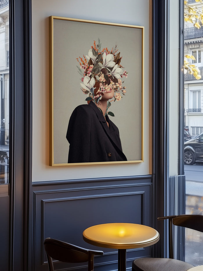 Framed Infinite Moments Infinite Autumns - Frank Moth art print of a woman with flowers instead of a face on wall.