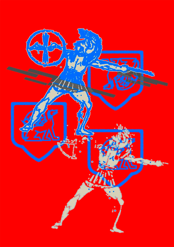 Inner Battle by Francisco Gualter - Greek warriors poster on red