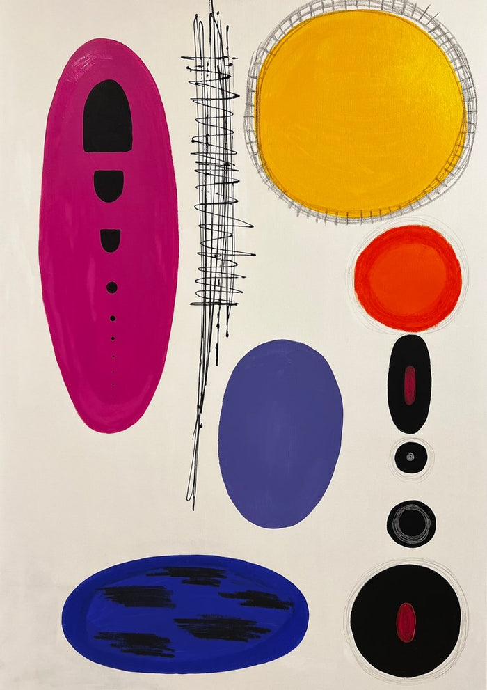 Inner Orbits - Eclipse of Self by Laura Notari - magenta, yellow, orange and blue ovals with black rings on cream