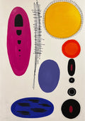 Inner Orbits - Eclipse of Self by Laura Notari - magenta, yellow, orange and blue ovals with black rings on cream