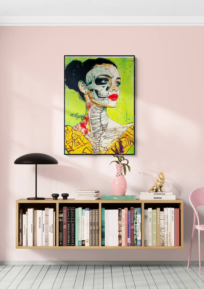 Inner Thoughts by Martin Zen artwork on a pastel pink wall above a modern bookshelf with books and decor.