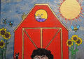 Innocence by Naïve Art by YLR - a red barn with rabbits in the loft among sunflowers, bees and a gold sun