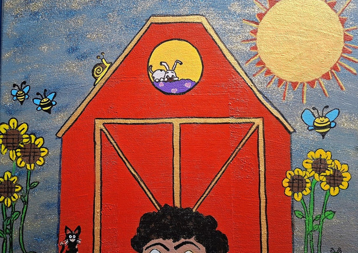 Innocence by Naïve Art by YLR - a red barn with rabbits in the loft among sunflowers, bees and a gold sun