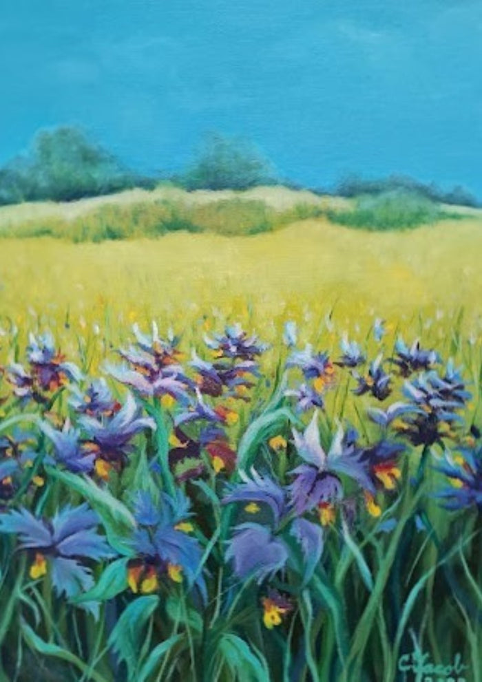 Iris Meadow by Cristina Iacob - violet and blue wild irises across a yellow-green field under turquoise sky
