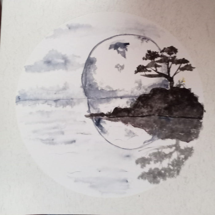 Island in Mist by Tracey - a tree on a rocky island in grey ink wash inside a drawn circle