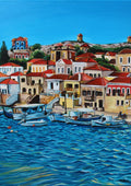 Island Life by Nella Hajdu - Greek harbour village with red-roofed houses above small boats